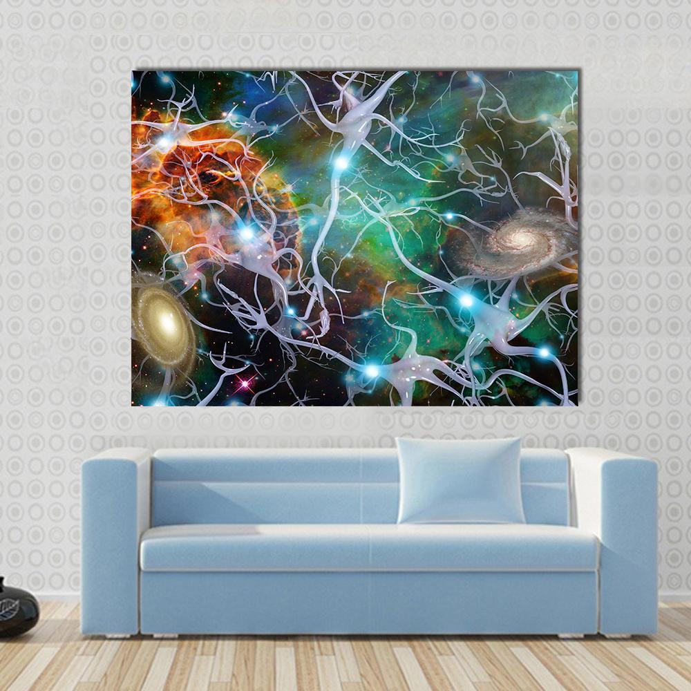Brain Cells Canvas Wall Art in black, blue and multicolor, single panel hung on a wall
