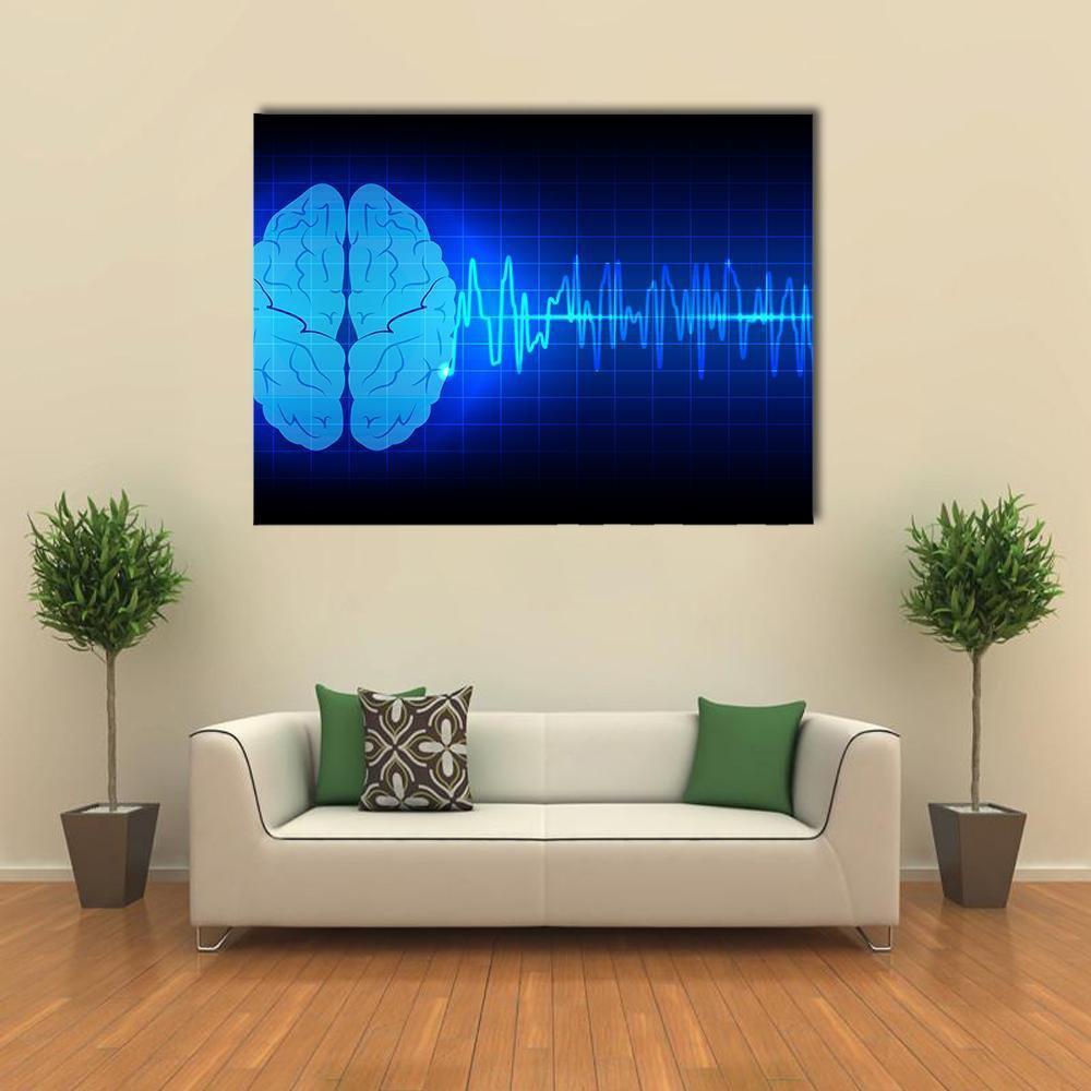 Brain Wave Concept with Waveform Overlay Canvas Wall Art in black and blue, single panel hung on a wall