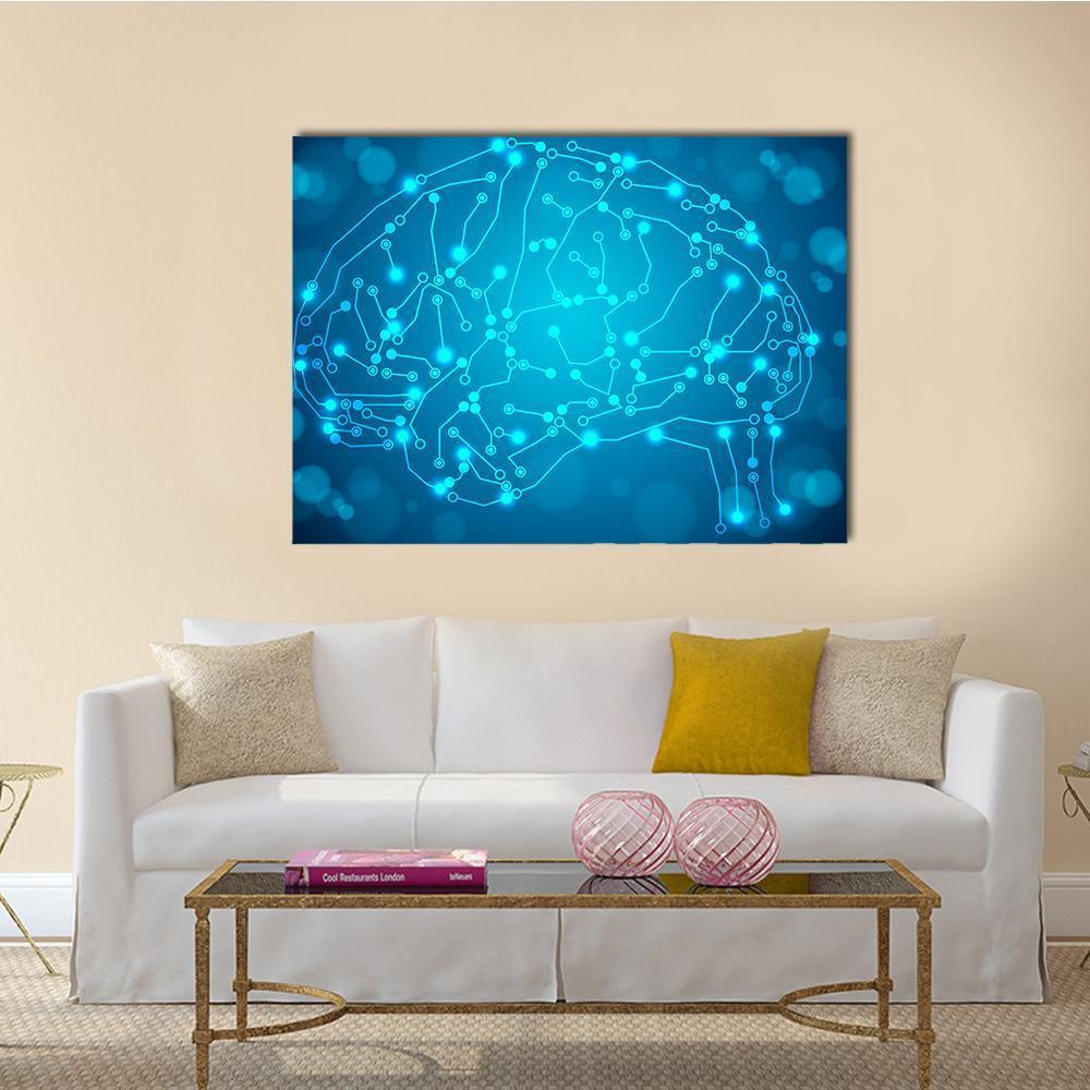 Brain with Circuit Board Canvas Wall Art in blue, single panel hung on a wall