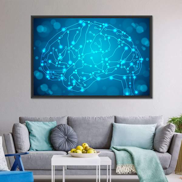 Brain with Circuit Board Canvas Wall Art in blue, framed canvas, product view on a white background