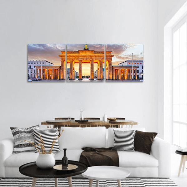 Brandenburg Gate at Golden Hour, Berlin Panoramic Canvas Wall Art in gold, orange and blue, hung on a wall