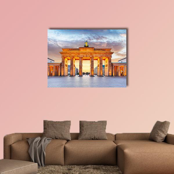 Brandenburg Gate at Dusk Canvas Wall Art in gold, orange and blue, single panel hung on a wall