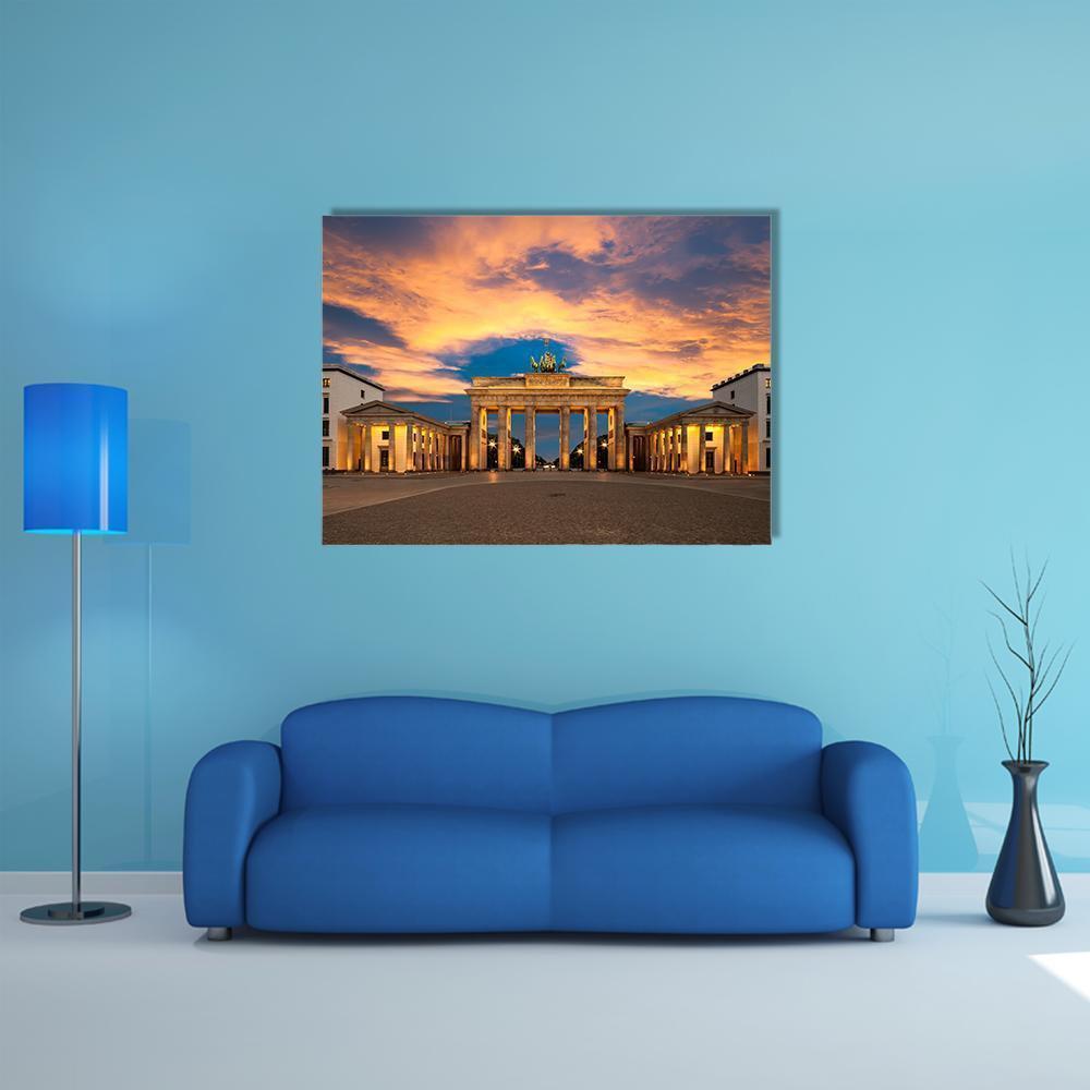 Brandenburg Gate Berlin at Dusk Canvas Wall Art in orange, yellow and blue, single panel hung on a wall
