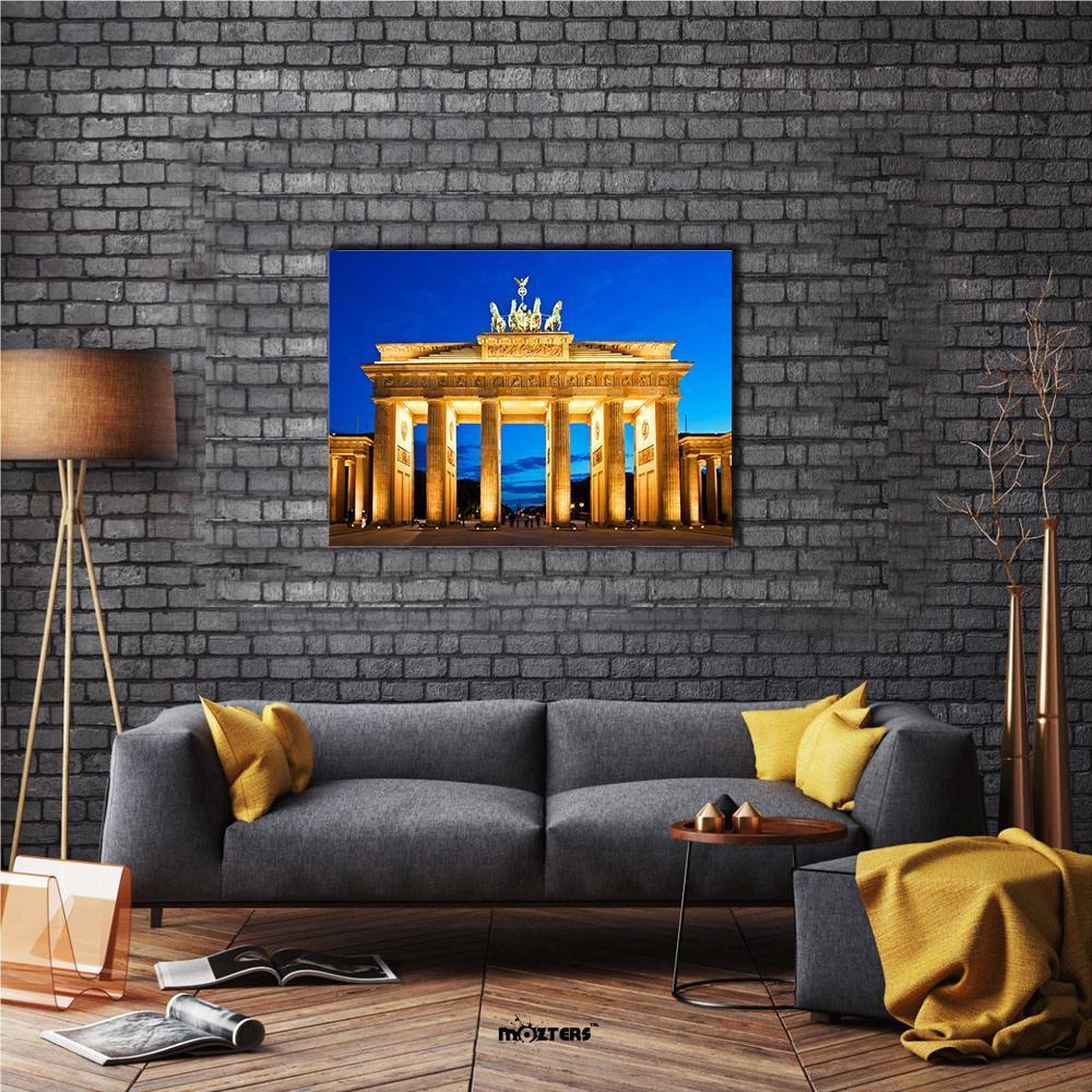 Brandenburg Gate at Dusk, Berlin Canvas Wall Art in gold, yellow and blue, single panel hung on a wall