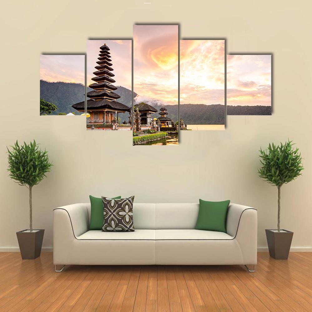Bratan Hindu Temple Canvas Wall Art-5 Star-Gallery Wrap-62" x 32"-Tiaracle