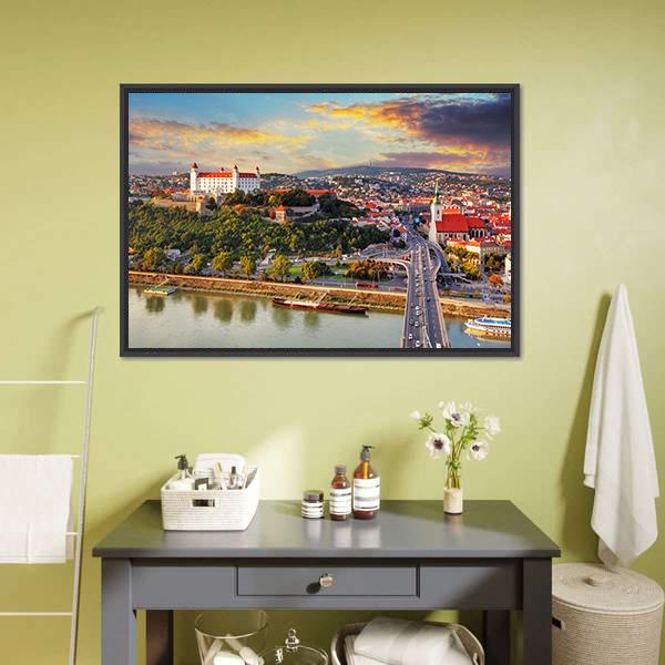 Bratislava At Sunset Canvas Wall Art-3 Horizontal-Gallery Wrap-25" x 16"-Tiaracle