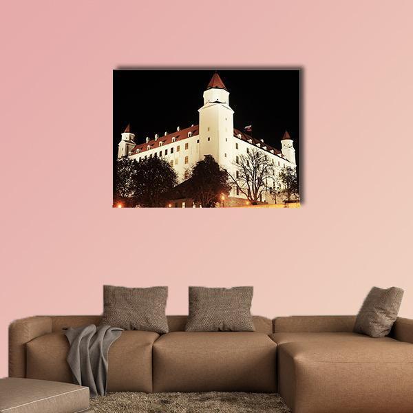 Bratislava Castle at Night Canvas Wall Art in black, white and beige, single panel hung on a wall