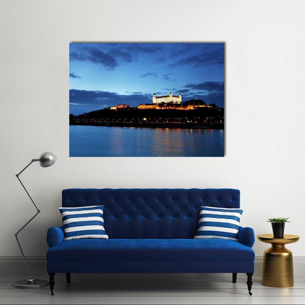 Bratislava Castle Evening Reflections Canvas Wall Art in black and blue, single panel hung on a wall