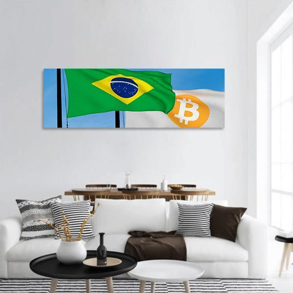 Flag Of Brazil &amp; Bitcoin Panoramic Canvas Wall Art-1 Piece-36" x 12"-Tiaracle