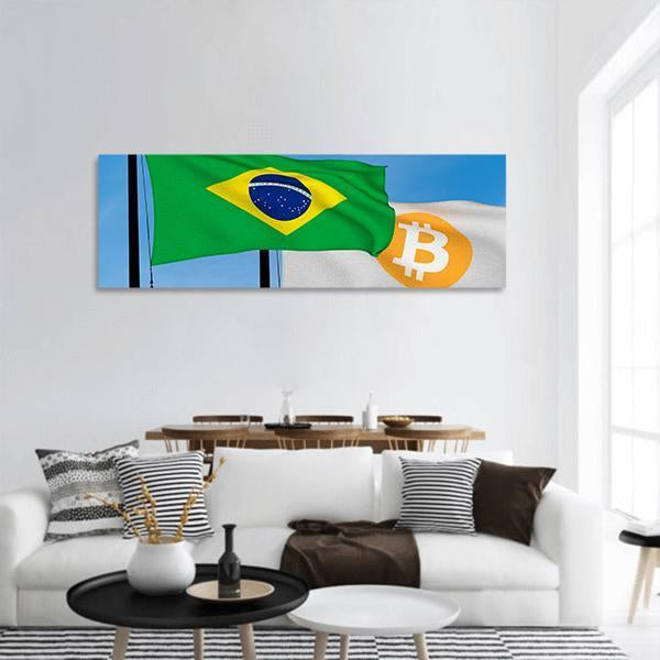 Flag Of Brazil & Bitcoin Panoramic Canvas Wall Art-3 Piece-25" x 08"-Tiaracle