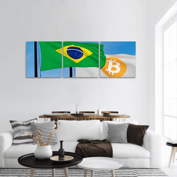 Flag Of Brazil &amp; Bitcoin Panoramic Canvas Wall Art-3 Piece-25" x 08"-Tiaracle