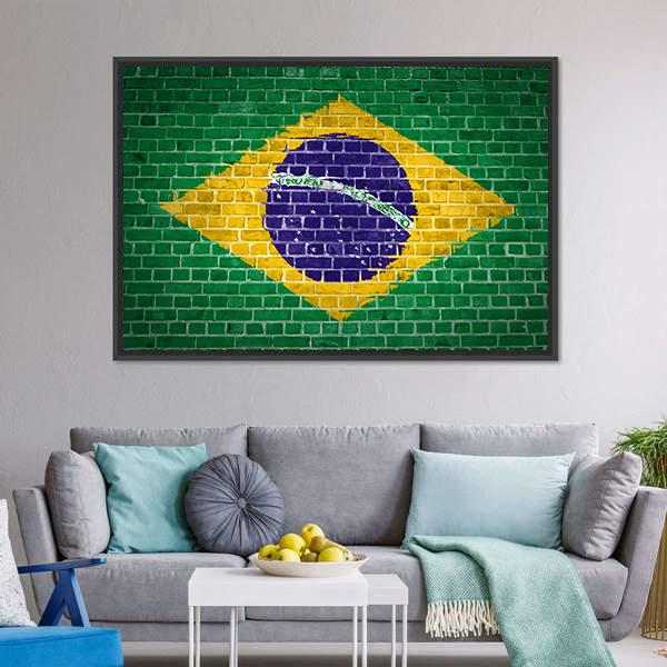Brazil Flag On Brick Wall Canvas Wall Art-1 Piece-Floating Frame-24" x 16"-Tiaracle