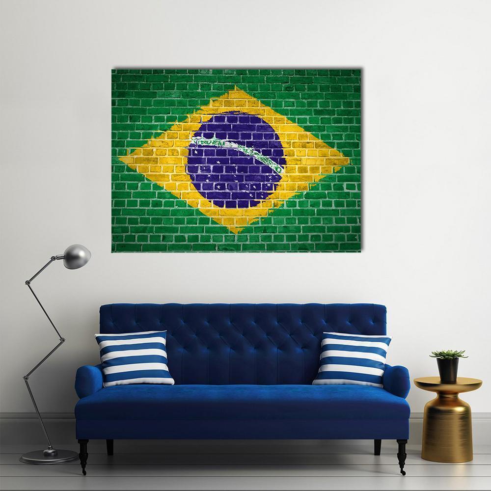 Brazil Flag on Brick Canvas Wall Art in yellow, green and blue, single panel hung on a wall