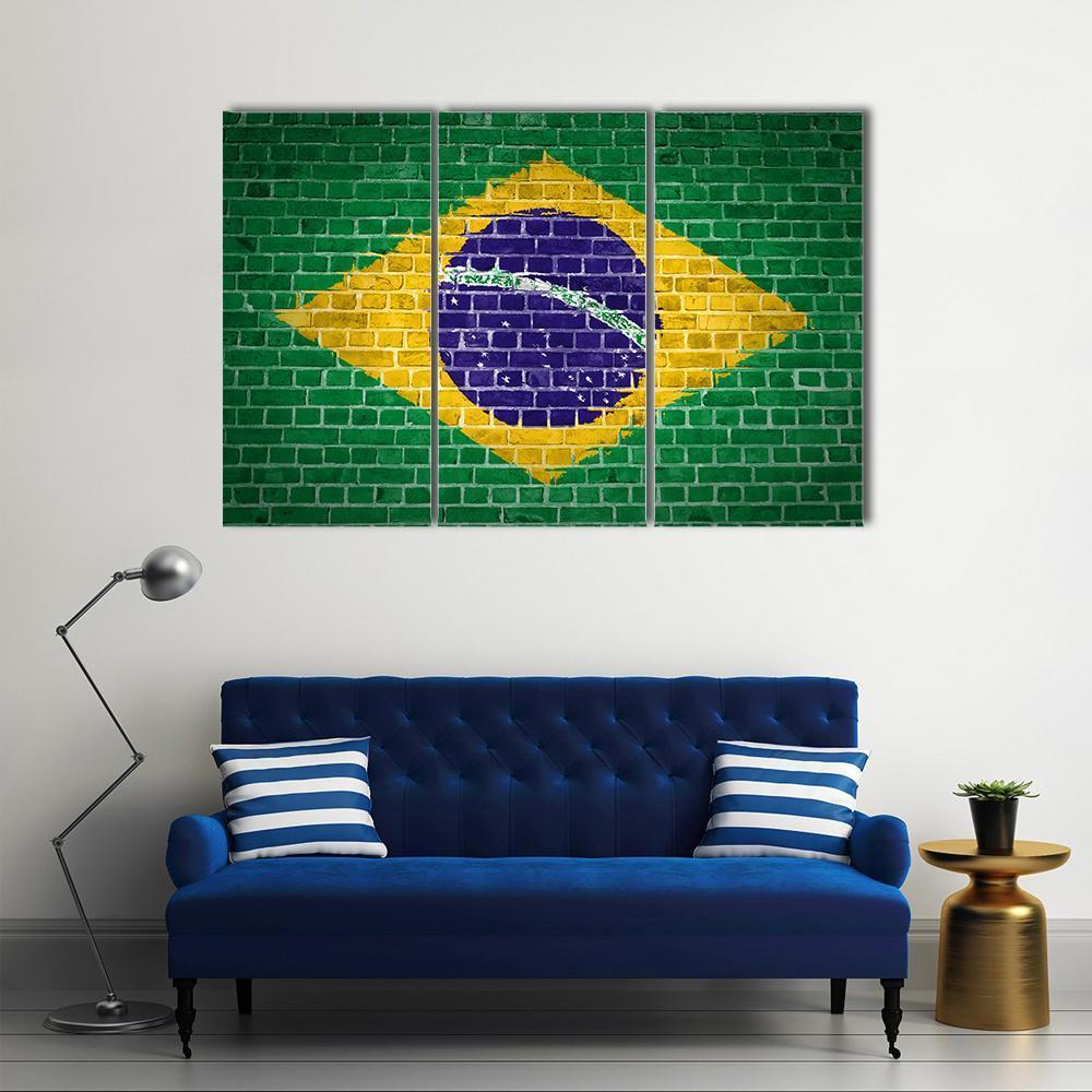 Brazil Flag On Brick Wall Canvas Wall Art-3 Horizontal-Gallery Wrap-37" x 24"-Tiaracle