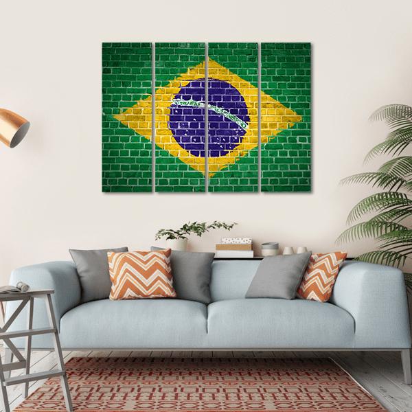 Brazil Flag On Brick Wall Canvas Wall Art-4 Horizontal-Gallery Wrap-34" x 24"-Tiaracle