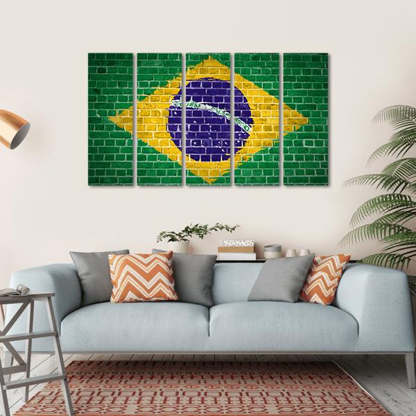 Brazil Flag On Brick Wall Canvas Wall Art-5 Horizontal-Gallery Wrap-22" x 12"-Tiaracle