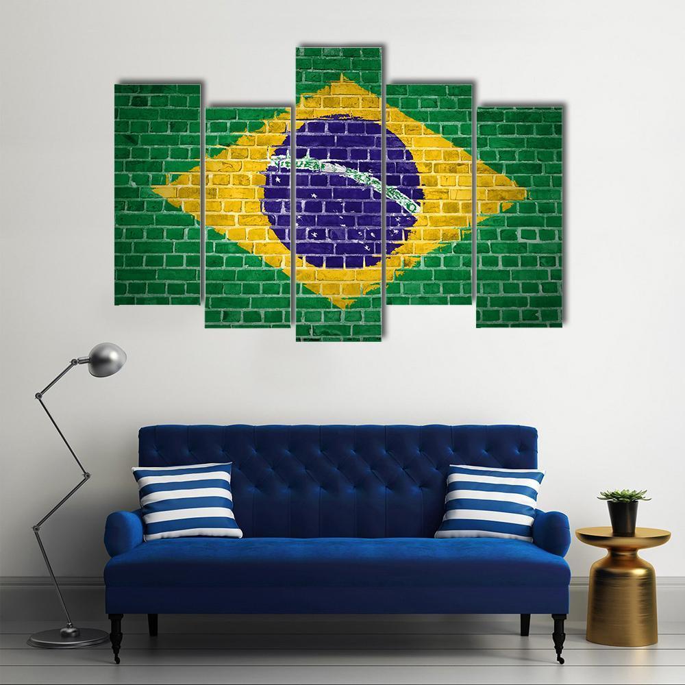 Brazil Flag On Brick Wall Canvas Wall Art-5 Pop-Gallery Wrap-47" x 32"-Tiaracle