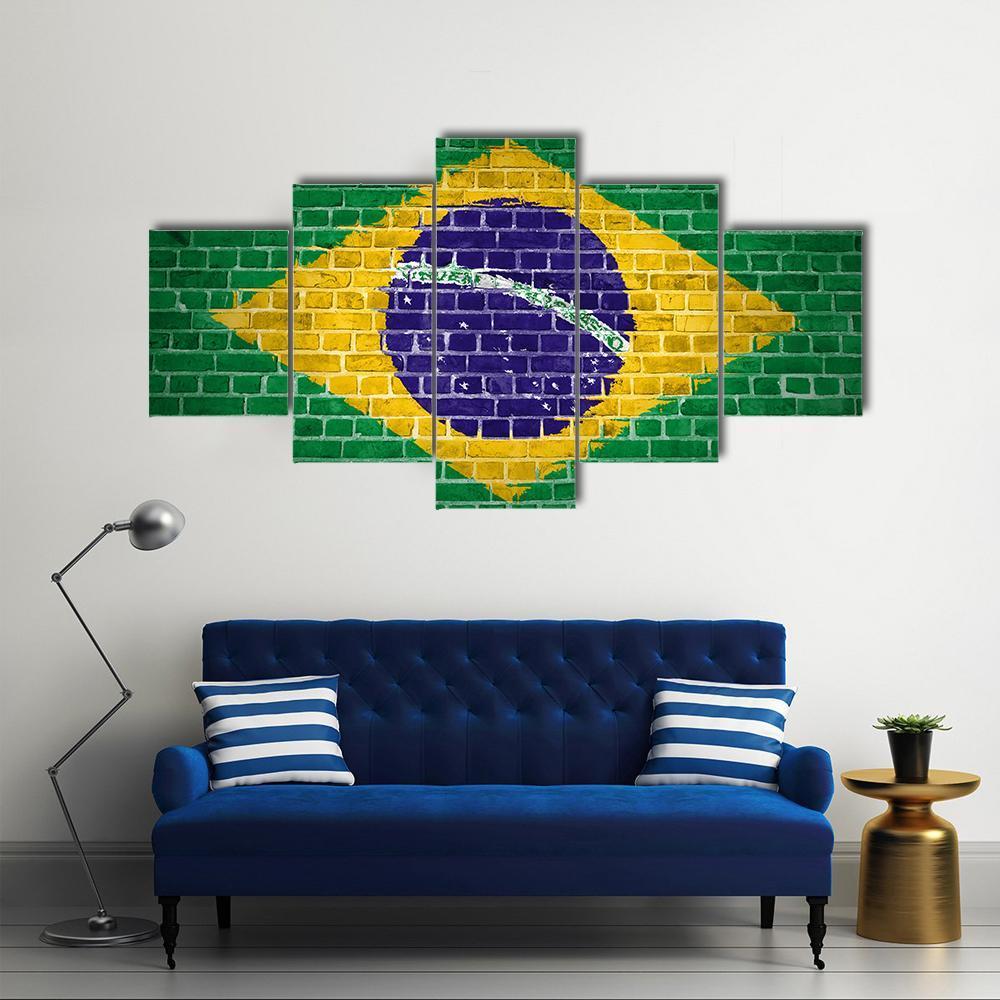 Brazil Flag On Brick Wall Canvas Wall Art-5 Star-Gallery Wrap-62" x 32"-Tiaracle
