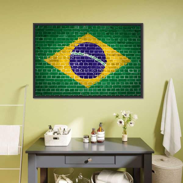 Brazil Flag On Brick Wall Canvas Wall Art-3 Horizontal-Gallery Wrap-25" x 16"-Tiaracle