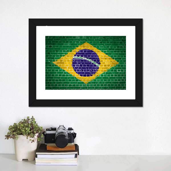 Brazil Flag On Brick Wall Canvas Wall Art-1 Piece-Framed Print-20" x 16"-Tiaracle