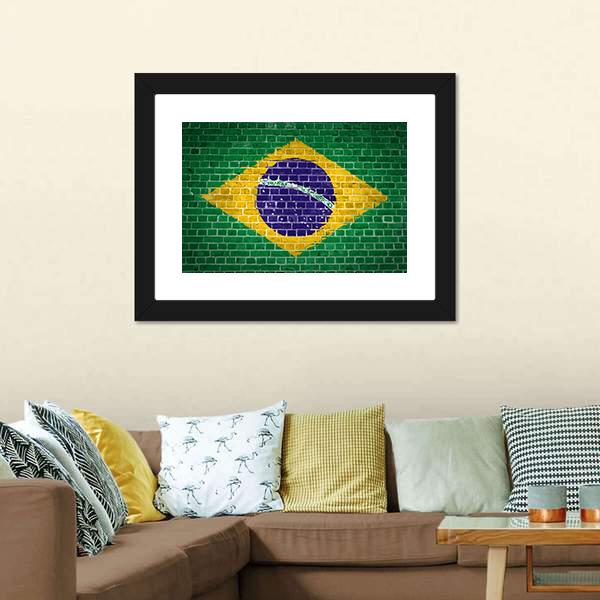 Brazil Flag On Brick Wall Canvas Wall Art-3 Horizontal-Gallery Wrap-25" x 16"-Tiaracle