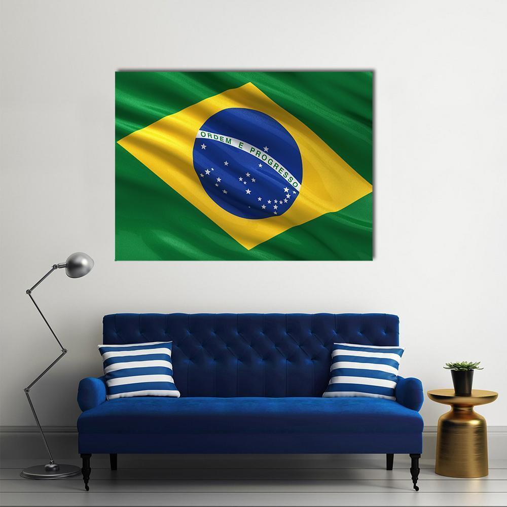 Waving Brazil Flag Canvas Wall Art in yellow, green and blue, single panel hung on a wall