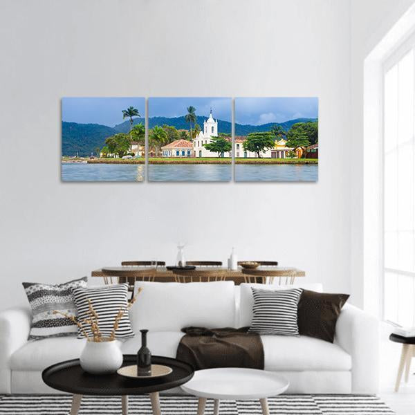 Brazilian Imperial Town Panoramic Canvas Wall Art in white, green and blue, hung on a wall