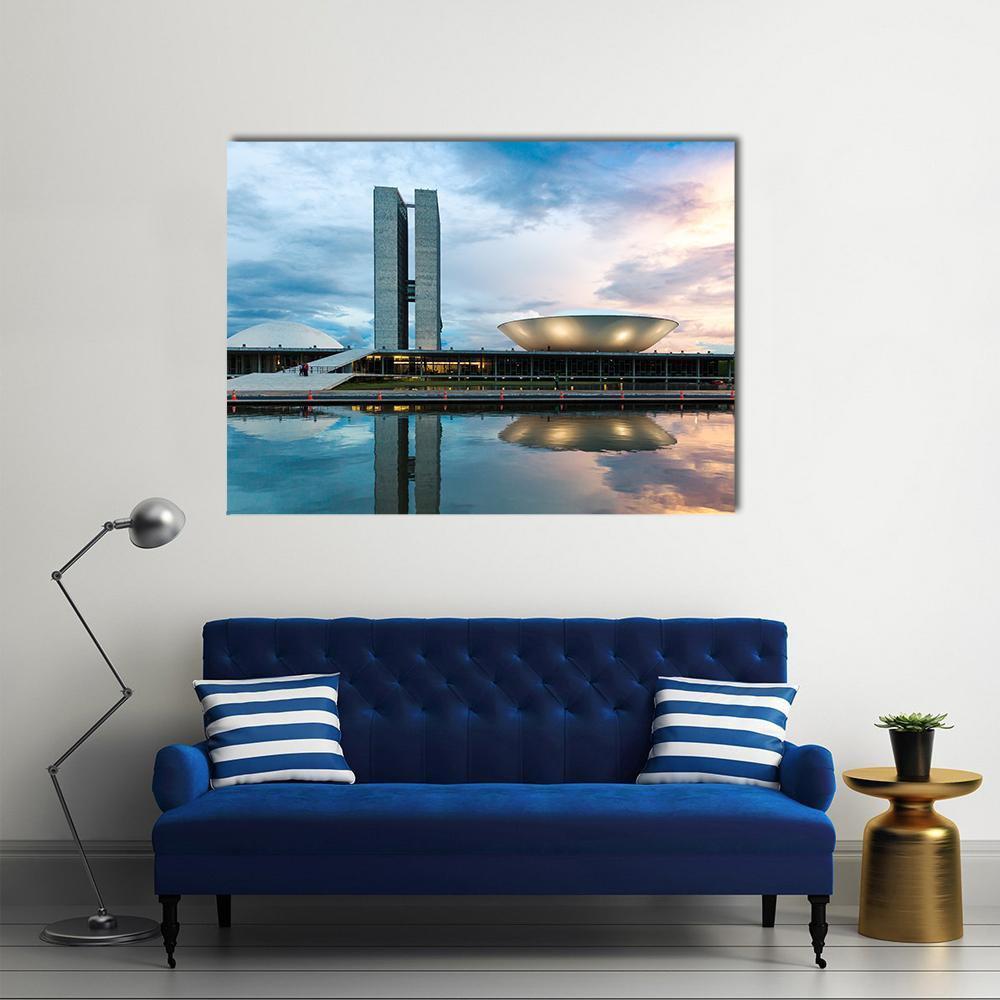 Brazilian National Congress Canvas Wall Art in white, gray and blue, single panel hung on a wall