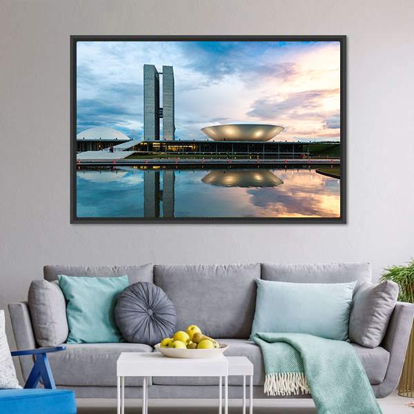 Brazilian National Congress Canvas Wall Art in white, gray and blue, framed canvas, product view on a white background