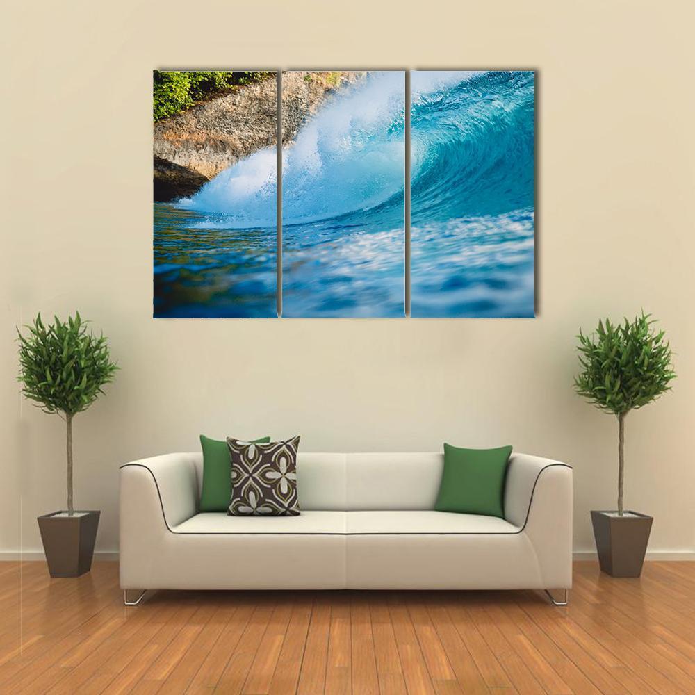 Breaking Blue Barrel Wave Canvas Wall Art-4 Pop-Gallery Wrap-50" x 32"-Tiaracle