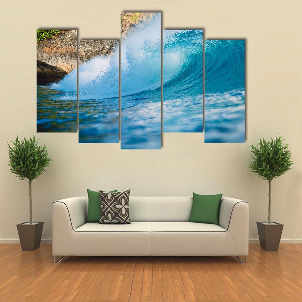 Breaking Blue Barrel Wave Canvas Wall Art-5 Pop-Gallery Wrap-47" x 32"-Tiaracle