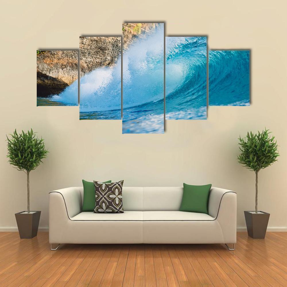 Breaking Blue Barrel Wave Canvas Wall Art-5 Star-Gallery Wrap-62" x 32"-Tiaracle
