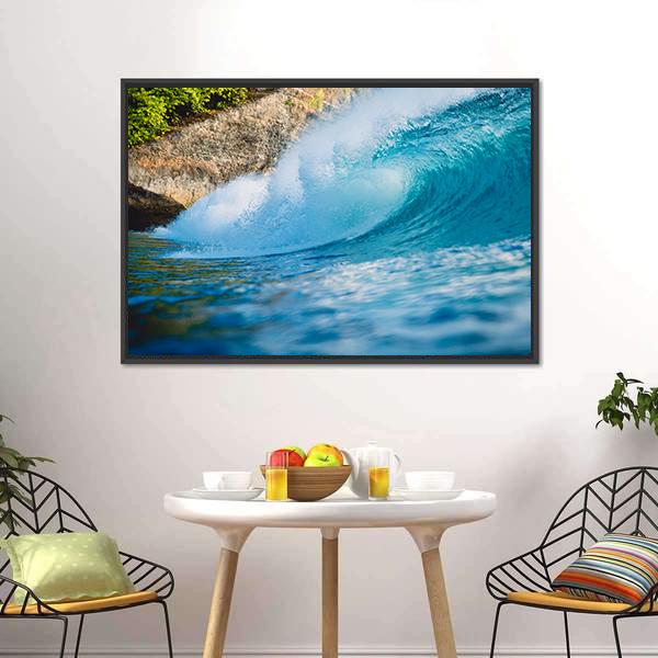 Breaking Blue Barrel Wave Canvas Wall Art-1 Piece-Floating Frame-24" x 16"-Tiaracle