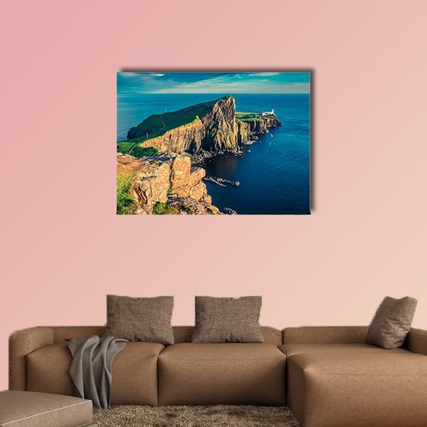 Neist Point Lighthouse at Sunset Canvas Wall Art in brown, green and blue, single panel hung on a wall