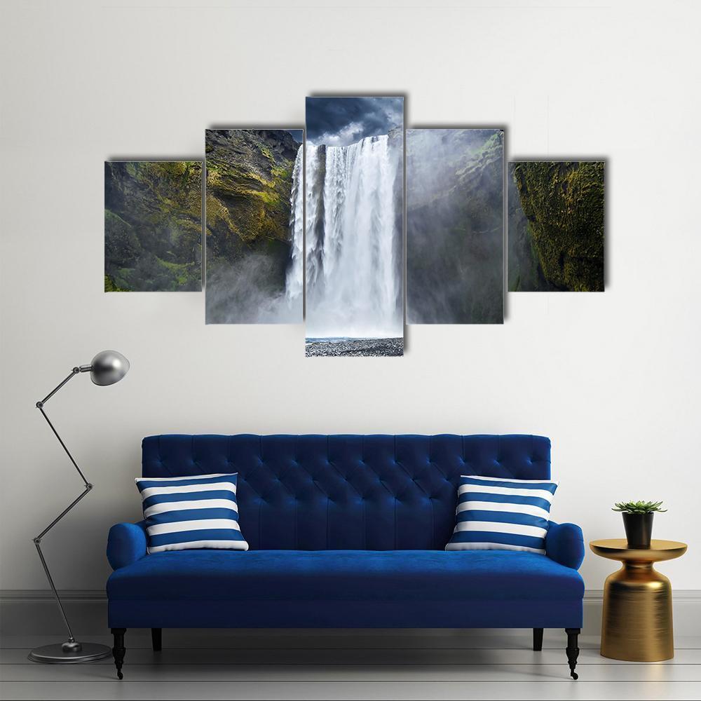 Breathtaking Waterfall In Iceland Canvas Wall Art-5 Star-Gallery Wrap-62" x 32"-Tiaracle