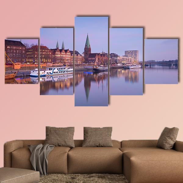 Bremen City With River Canvas Wall Art-5 Star-Gallery Wrap-62" x 32"-Tiaracle