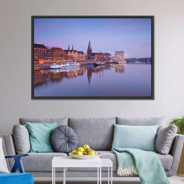 Bremen City With River Canvas Wall Art-1 Piece-Floating Frame-24" x 16"-Tiaracle