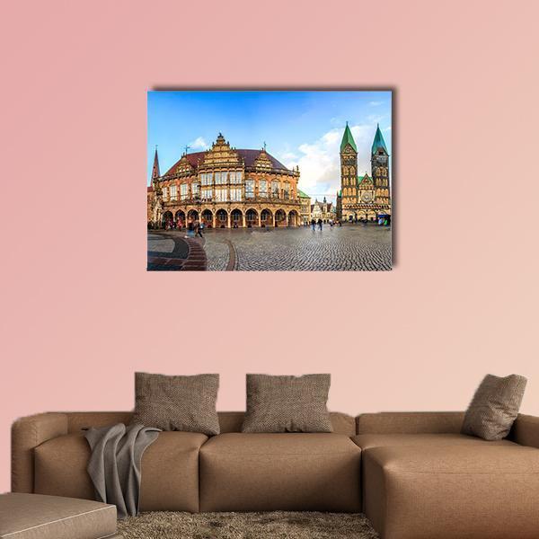 Bremen Market Square with Town Hall and Cathedral Canvas Wall Art in gray, brown and blue, single panel hung on a wall
