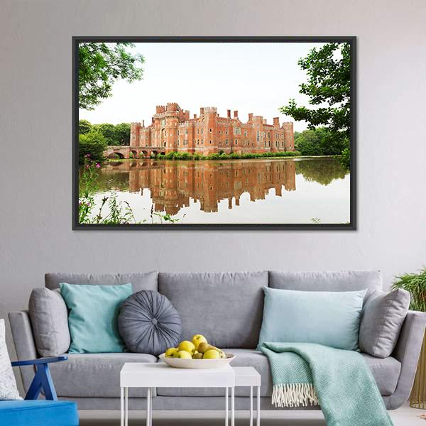 Red Brick Herstmonceux Castle with Reflection Canvas Wall Art in white, red and green, framed canvas, product view on a white background