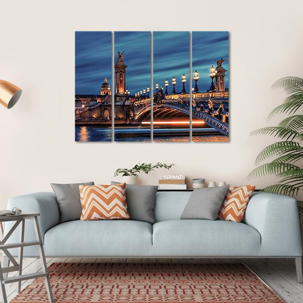 Bridge Alexandre Iii Canvas Wall Art in gold, blue and navy, single panel hung on a wall