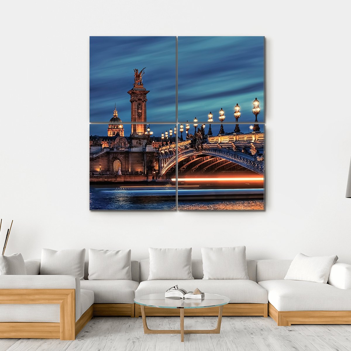 Bridge Alexandre Iii Canvas Wall Art in gold, blue and navy, hung on a wall