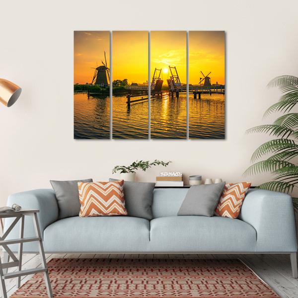 Bridge & Old Windmills Canvas Wall Art-4 Horizontal-Gallery Wrap-34" x 24"-Tiaracle