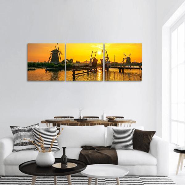 Bridge &amp; Old Windmills Panoramic Canvas Wall Art-3 Piece-25" x 08"-Tiaracle