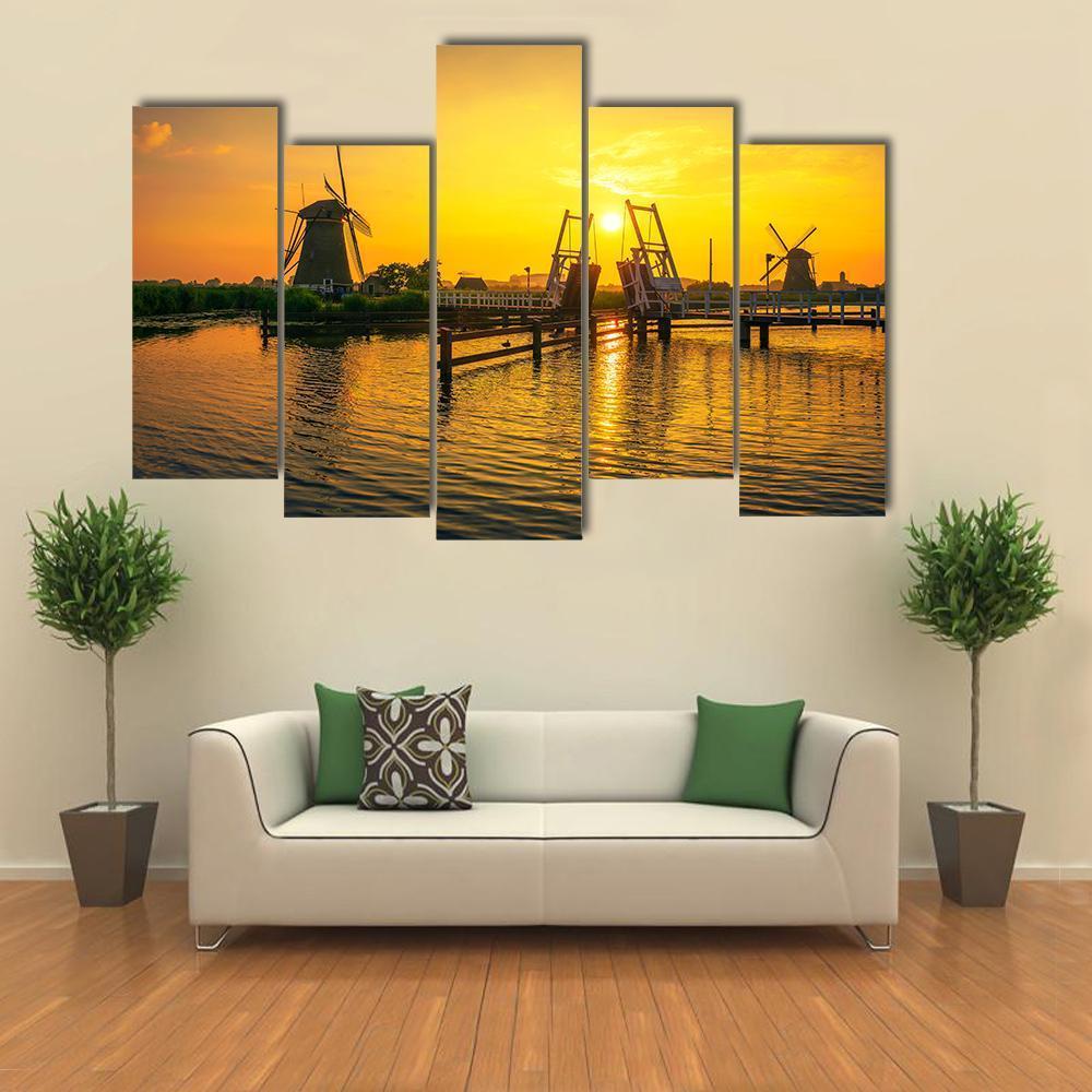 Bridge & Old Windmills Canvas Wall Art-5 Pop-Gallery Wrap-47" x 32"-Tiaracle