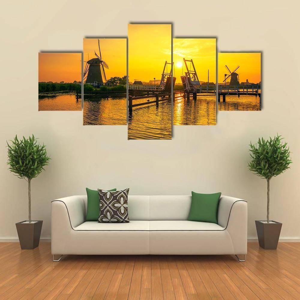 Bridge & Old Windmills Canvas Wall Art-5 Star-Gallery Wrap-62" x 32"-Tiaracle