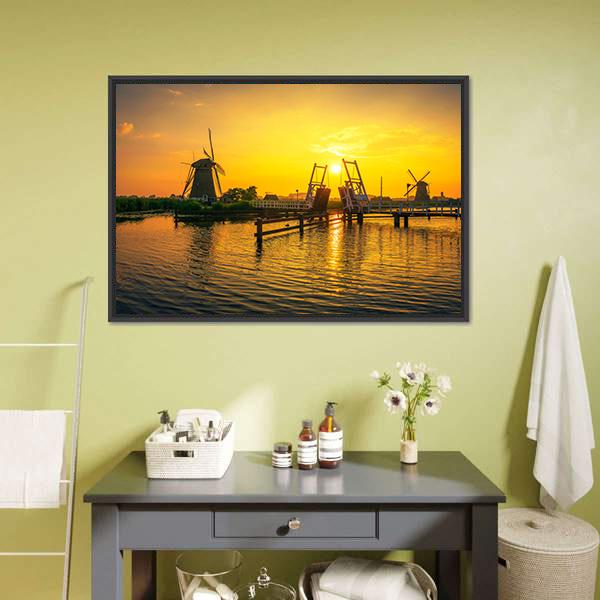 Bridge &amp; Old Windmills Canvas Wall Art-3 Horizontal-Gallery Wrap-25" x 16"-Tiaracle