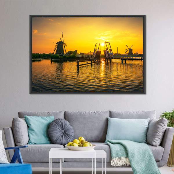 Bridge & Old Windmills Canvas Wall Art-1 Piece-Floating Frame-24" x 16"-Tiaracle