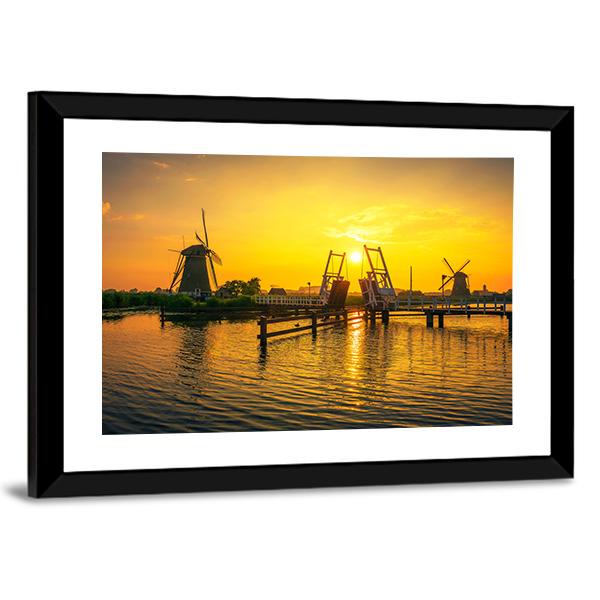 Bridge &amp; Old Windmills Canvas Wall Art-3 Horizontal-Gallery Wrap-25" x 16"-Tiaracle