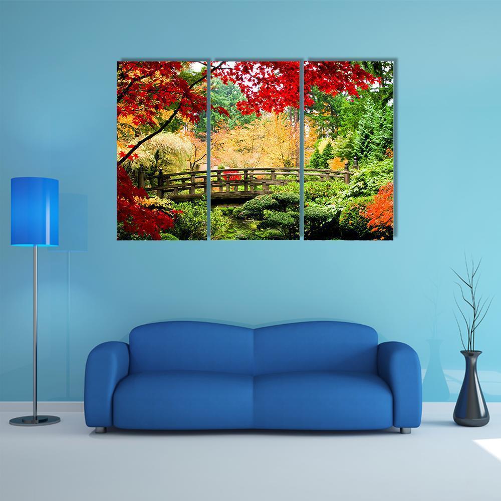 Bridge In Garden Canvas Wall Art-3 Horizontal-Gallery Wrap-37" x 24"-Tiaracle