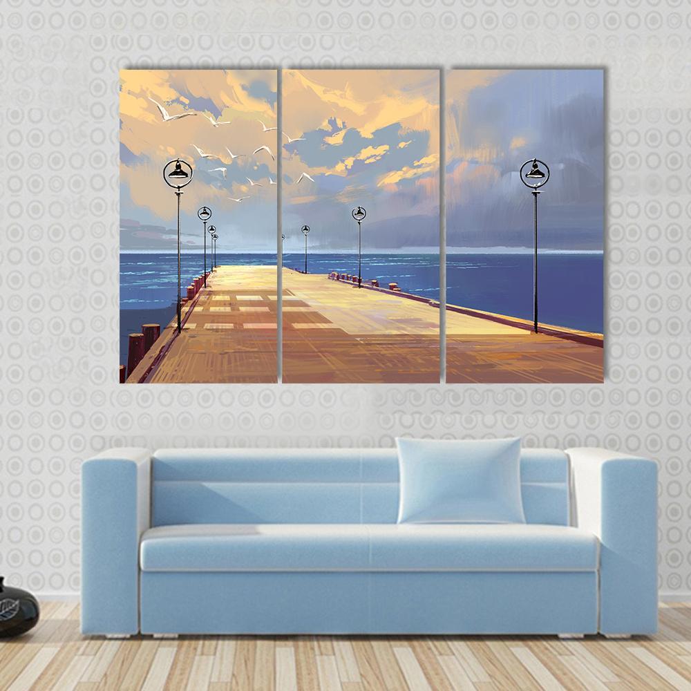 Bridge Near River illustration Canvas Wall Art-3 Horizontal-Gallery Wrap-37&quot; x 24&quot;-Tiaracle